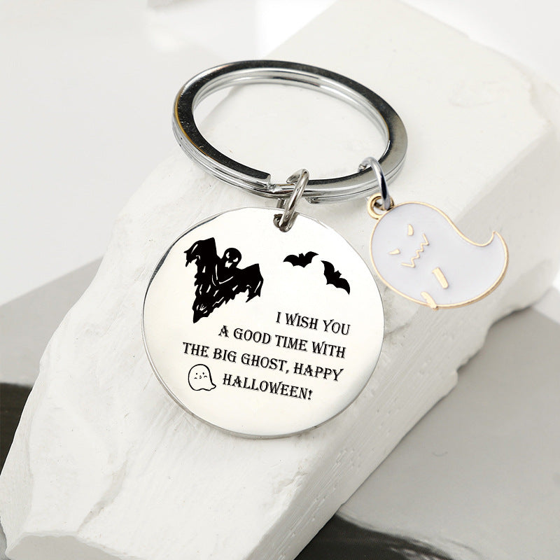 Wholesale Halloween Double Sided Stainless Steel Ghost Bat Keychain